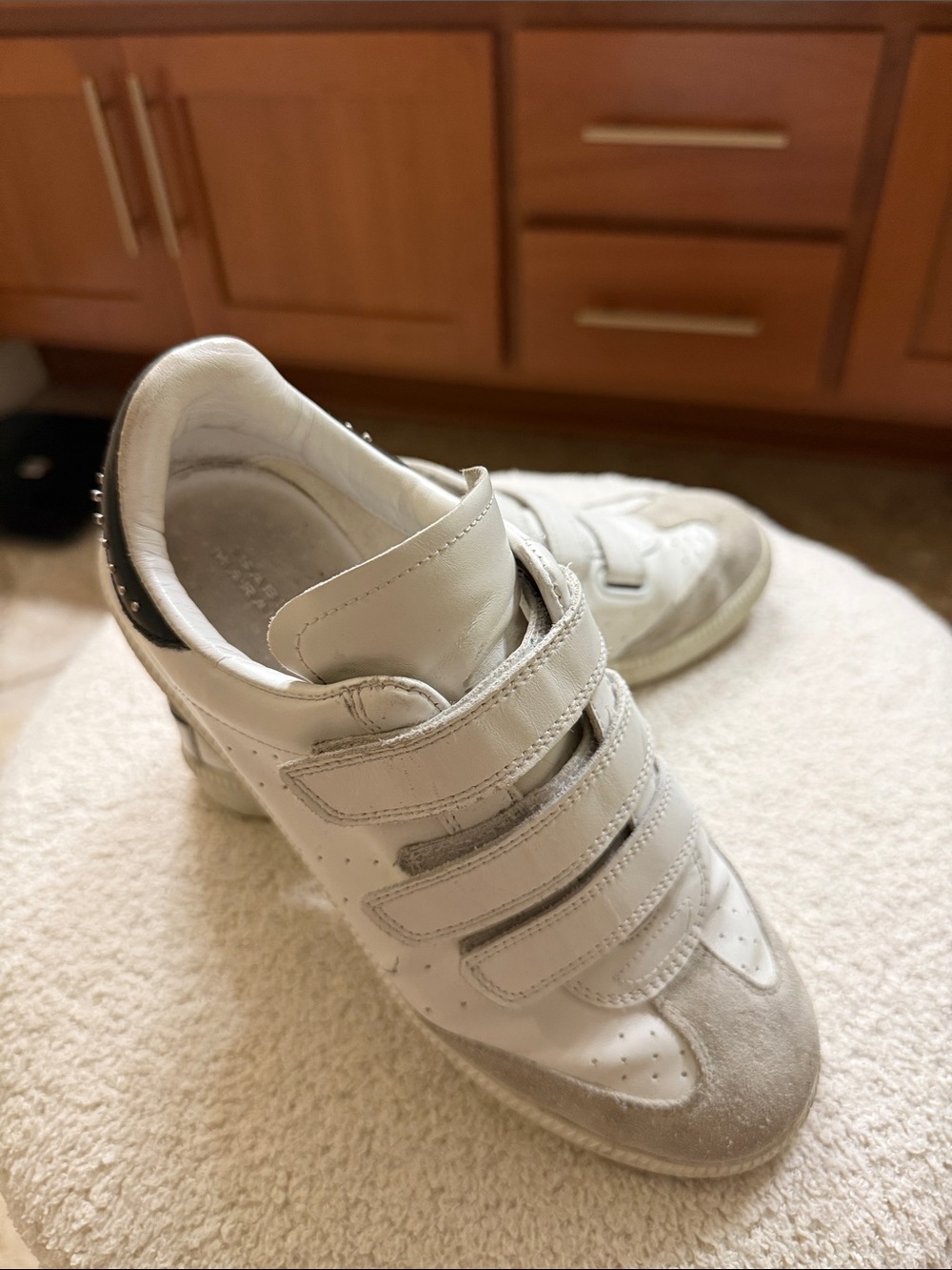 Isabel Marant White and Black Velcro Sneakers with Stud Heel